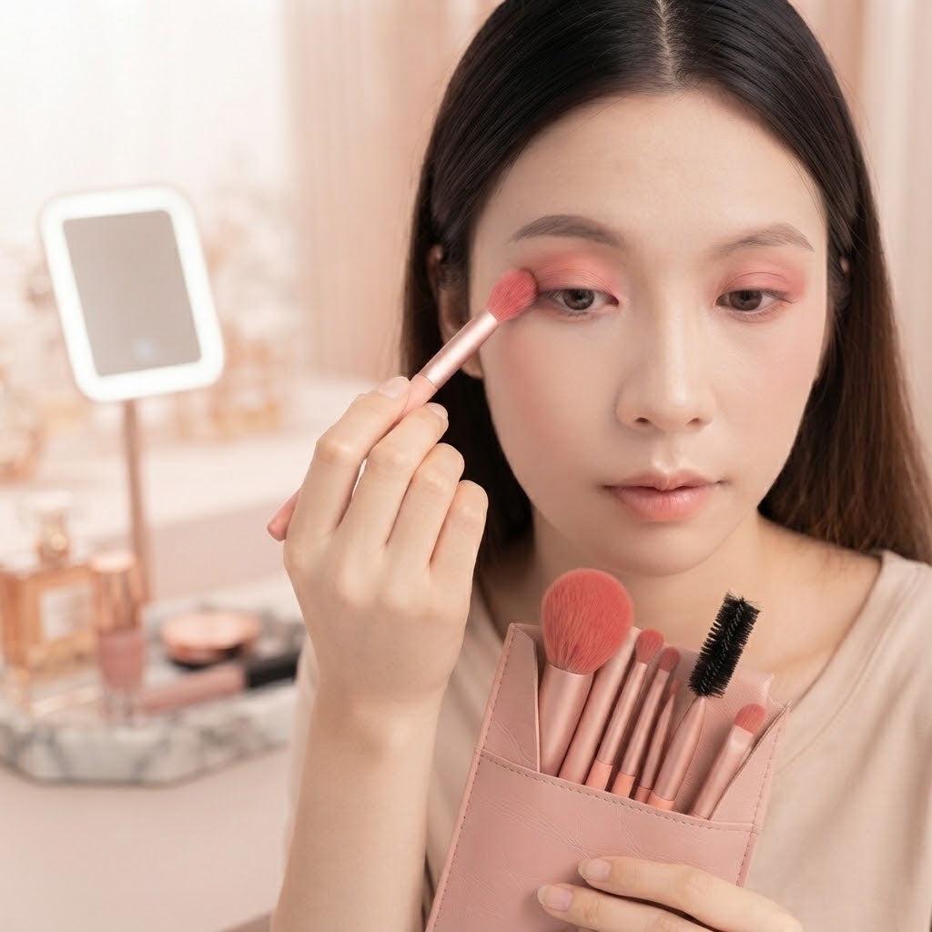 🎀 8-Piece Makeup Brush Set with Pink Leather Pouch