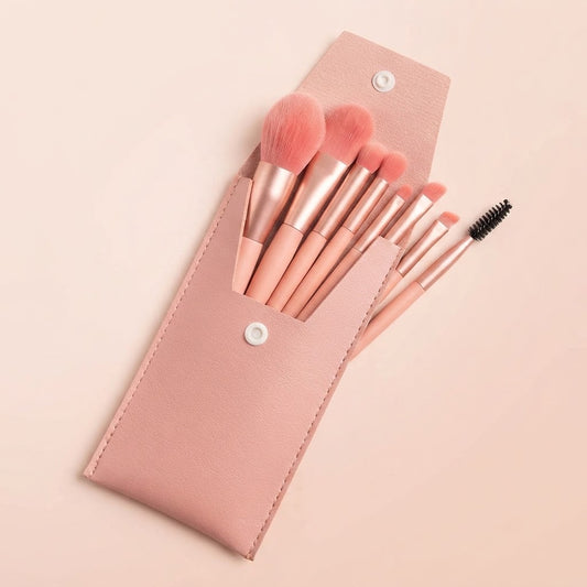 🎀 8-Piece Makeup Brush Set with Pink Leather Pouch