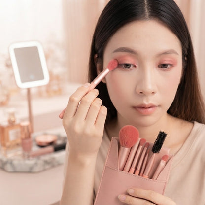 🎀 8-Piece Makeup Brush Set with Pink Leather Pouch