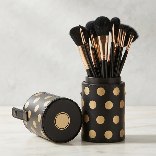 Premium Quality Makeup Brushes Set – Black Gold Polka Dot